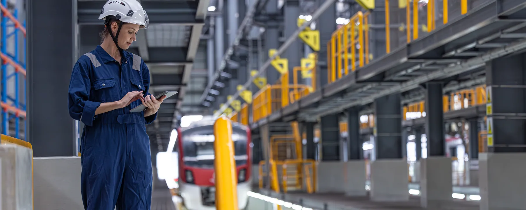 Inspector in coveralls and a hard hat checking a handheld device on an elevated walkway above a train in a maintenance depot
